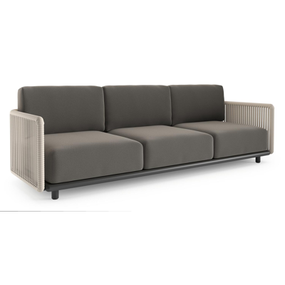 Canapé de jardin Organo en aluminium noir et corde luxe plate tissée verticalement beige et coussin en all weather Sunbrella® luxe natte dark taupe