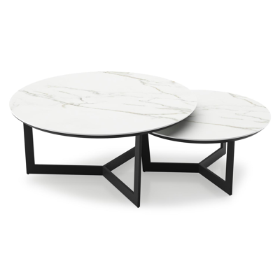 Ensemble de 2 tables d'appoint Fano ronde en aluminium noir et céramique pleine Calacatta - Diam. 85/65 x Haut. 35/30 cm