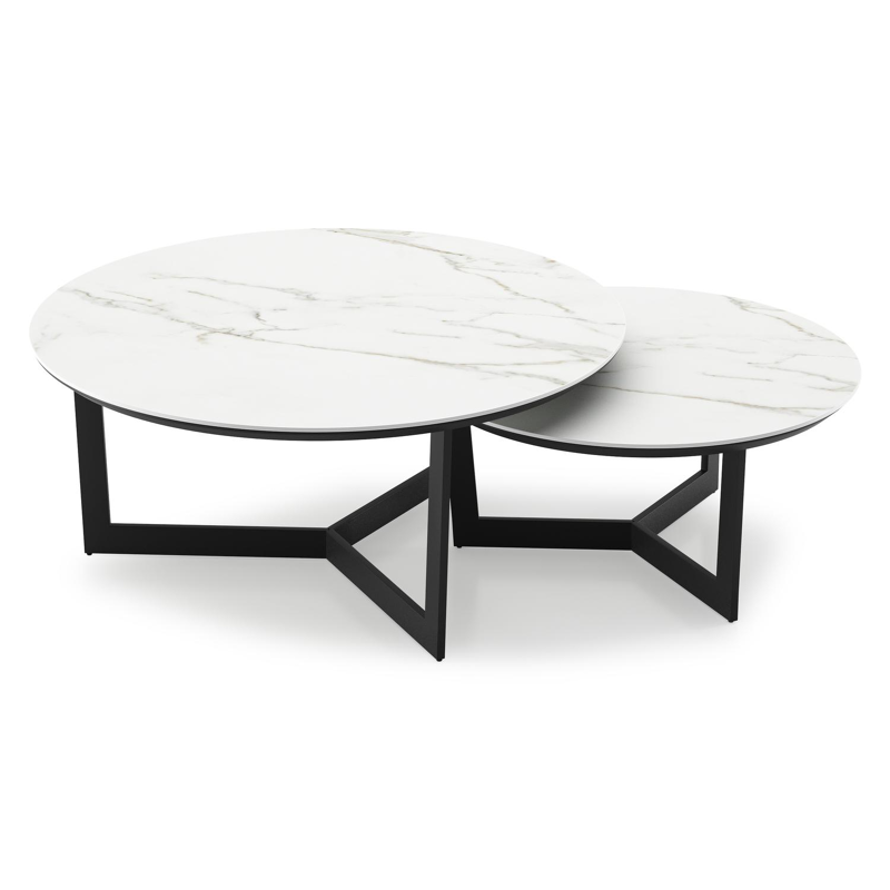 Lacrima set van 2 loungetafels rond in zwart aluminium en volkeramiek Calacatta - Dia. 85/65 x H 35/30 cm