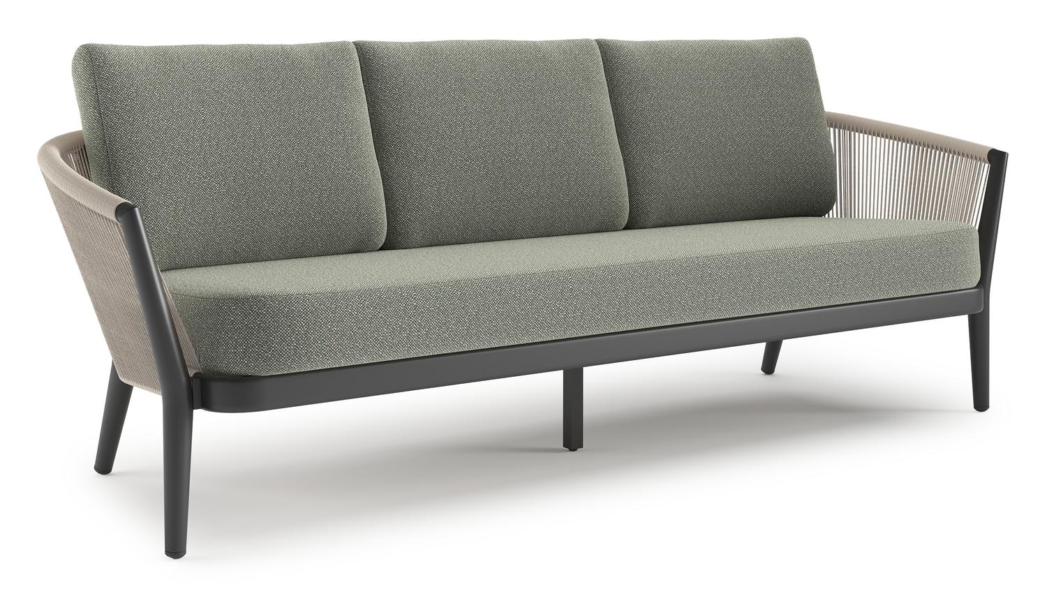 Orso loungebank in zwart aluminium en beige verticaal geweven ronde rope met Savane Leaf all weather sunbrella® luxe kussen