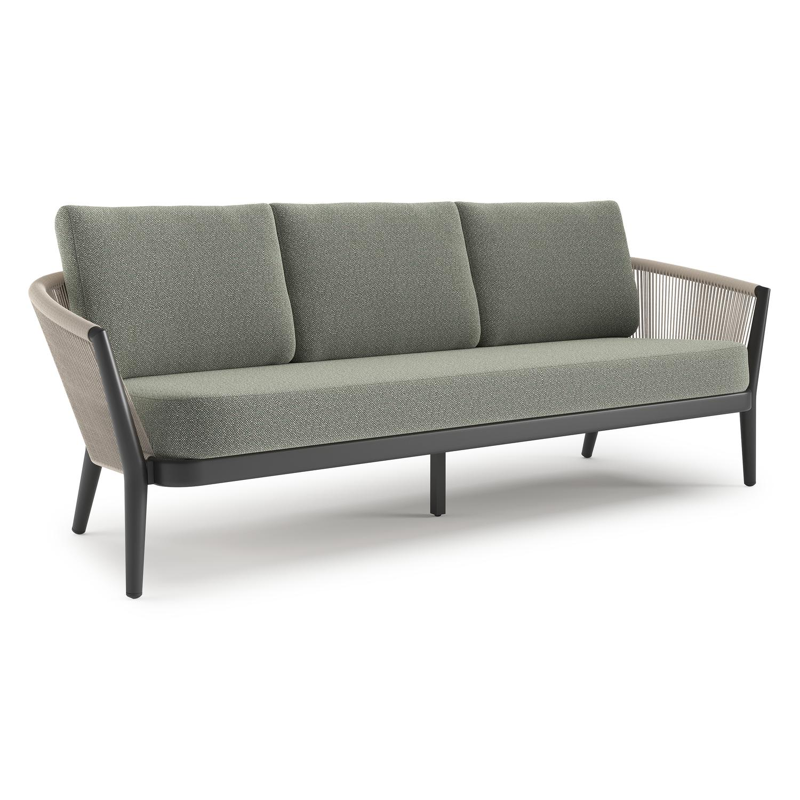 Canapé de jardin Orso en aluminium noir en corde ronde tissée verticalement beige et coussins en all weather sunbrella® luxe Savane Leaf