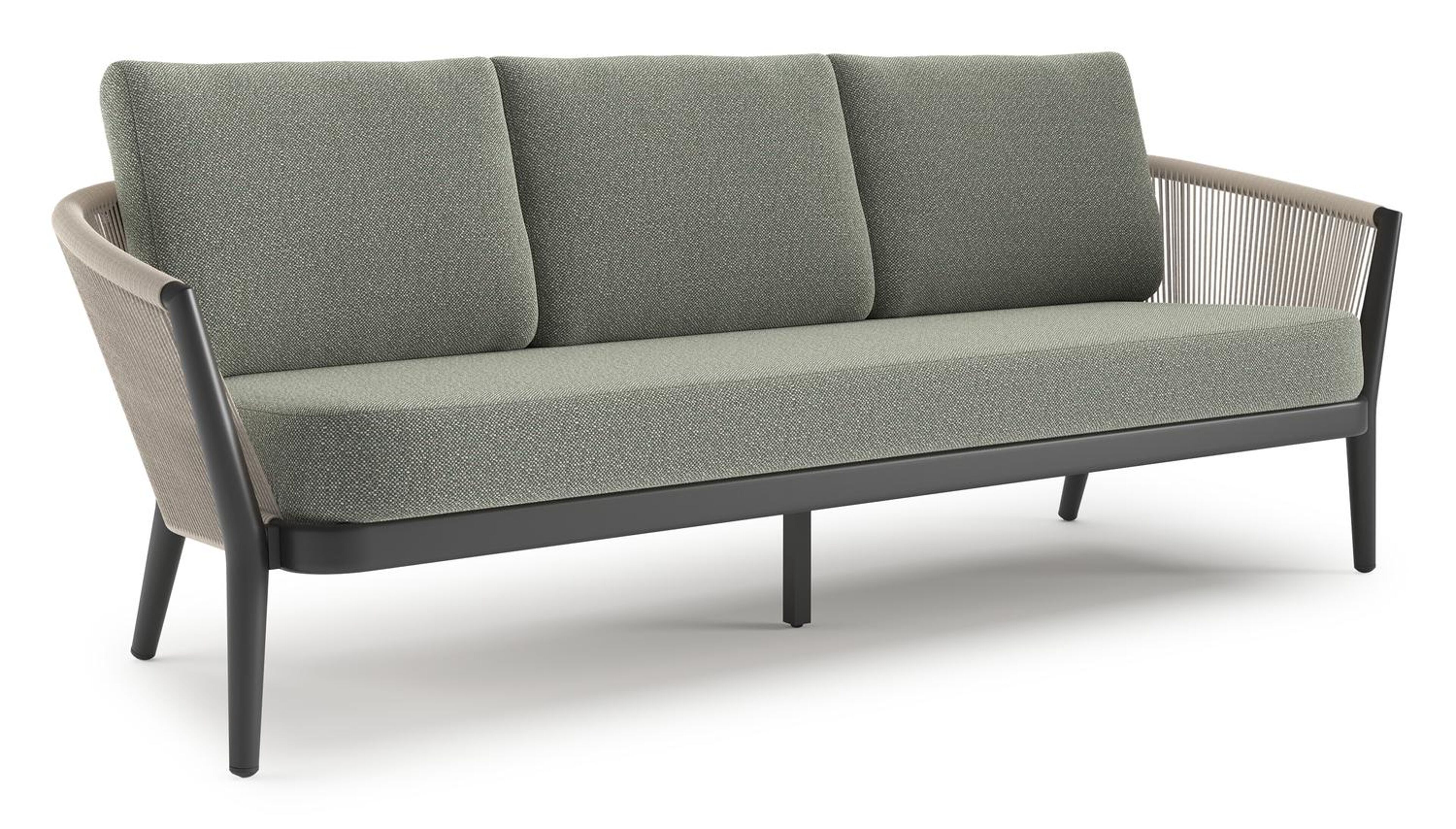 Orso loungebank in zwart aluminium en beige verticaal geweven ronde rope met Savane Leaf all weather sunbrella® luxe kussen