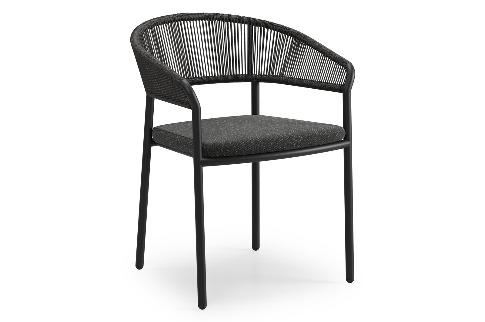 Zamora tuinstoel in zwart aluminium en gedraaide ronde wicker met kussen in sky black weather+ softtouch