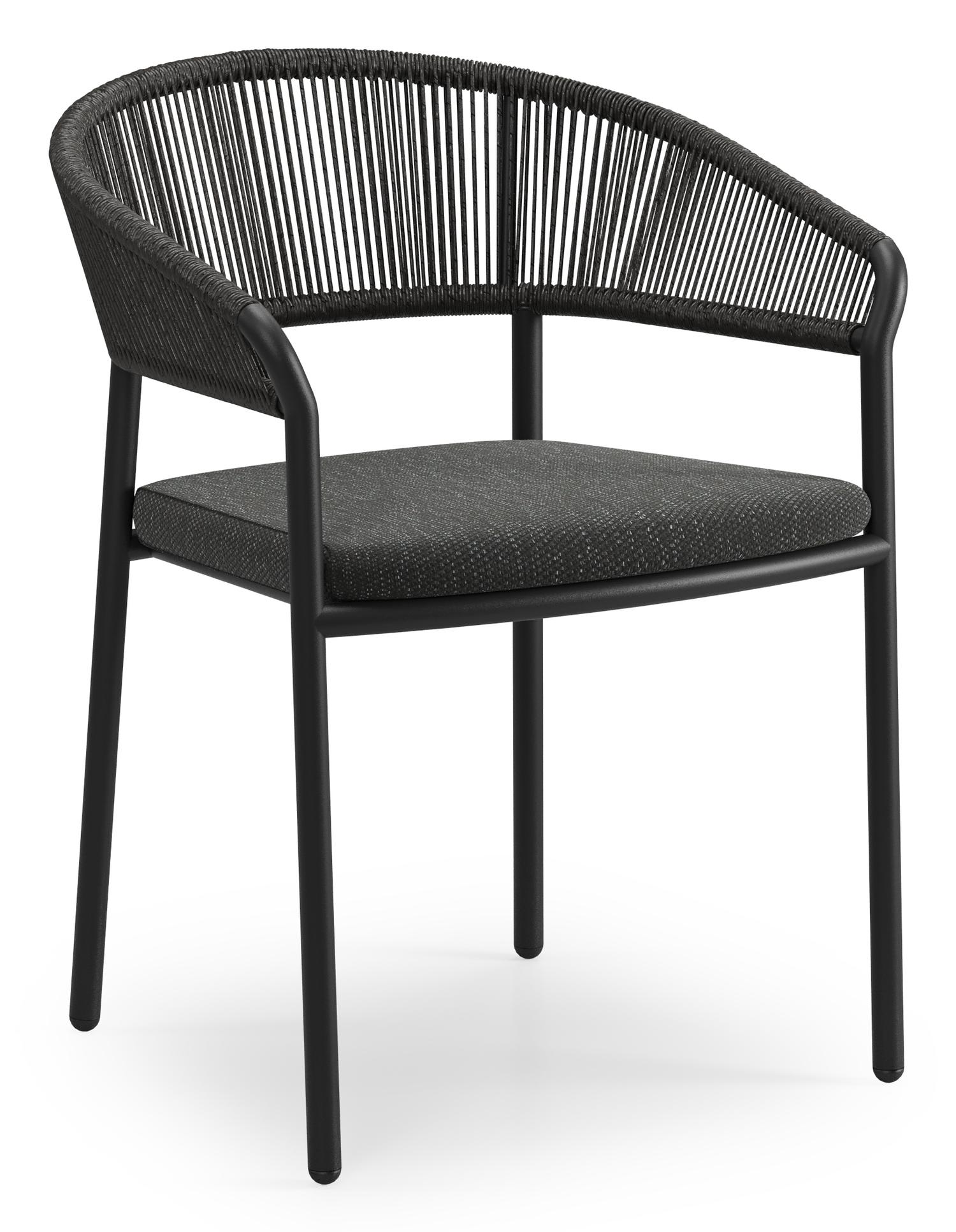 Chaise de jardin Zamora en aluminium noir et résine tressée torsadée avec coussin en sky black weather+ softtouch
