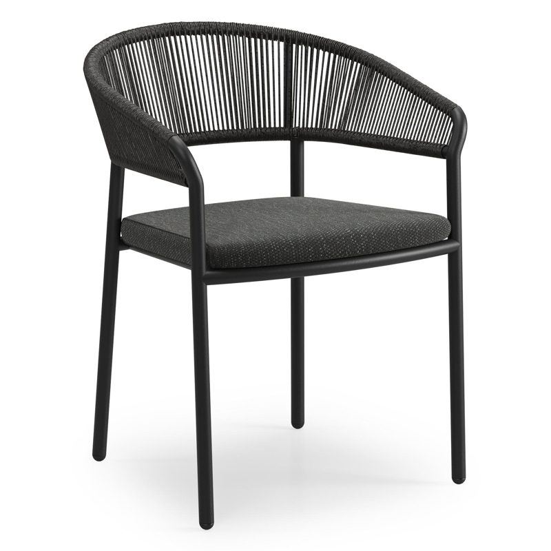 Zamora tuinstoel in zwart aluminium en gedraaide ronde wicker met kussen in sky black weather+ softtouch