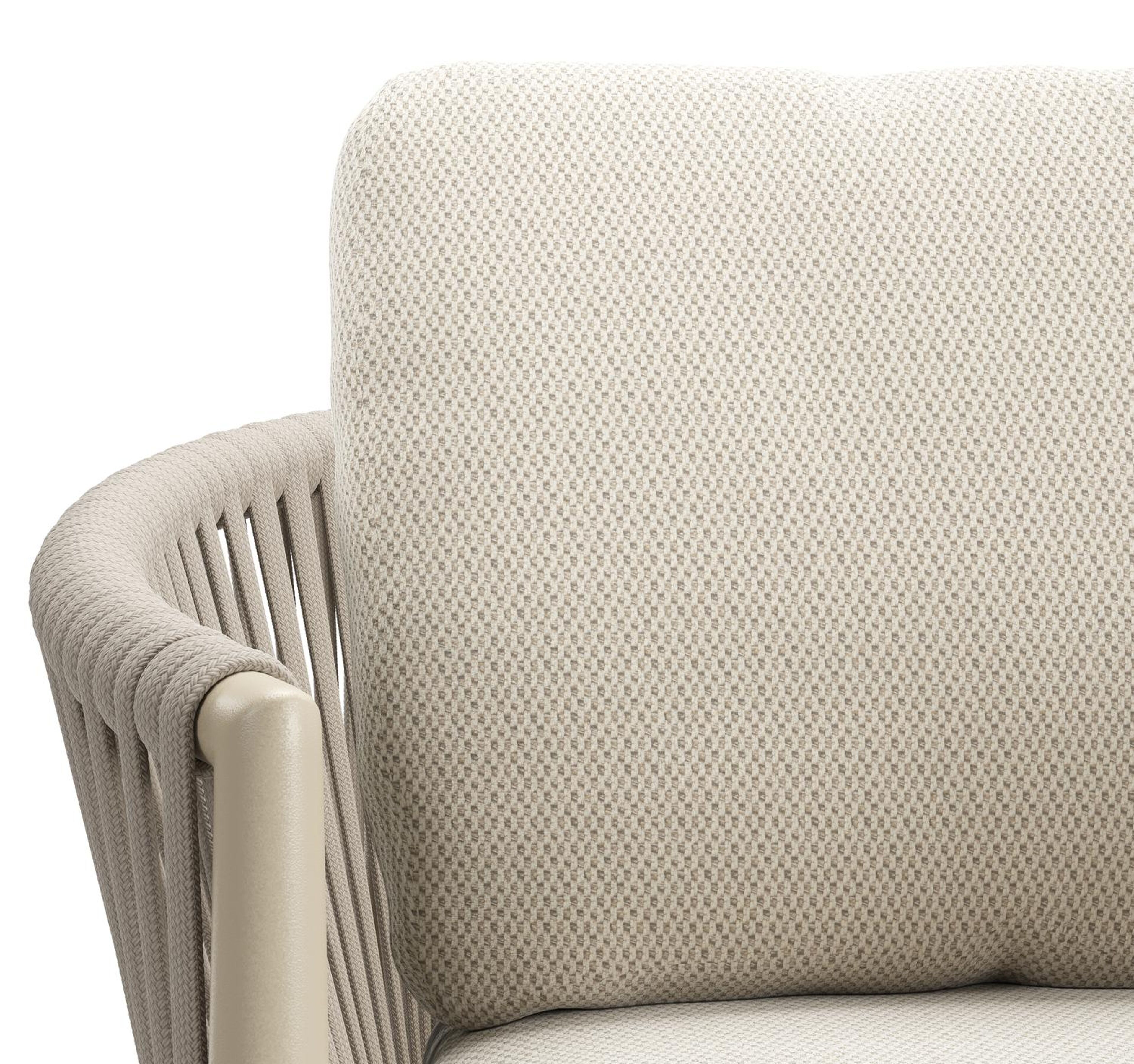 Organo tuinstoel in beige aluminium en beige verticaal geweven luxe vlakke rope met kussen in All Weather Sunbrella® Luxe Lopi Marble