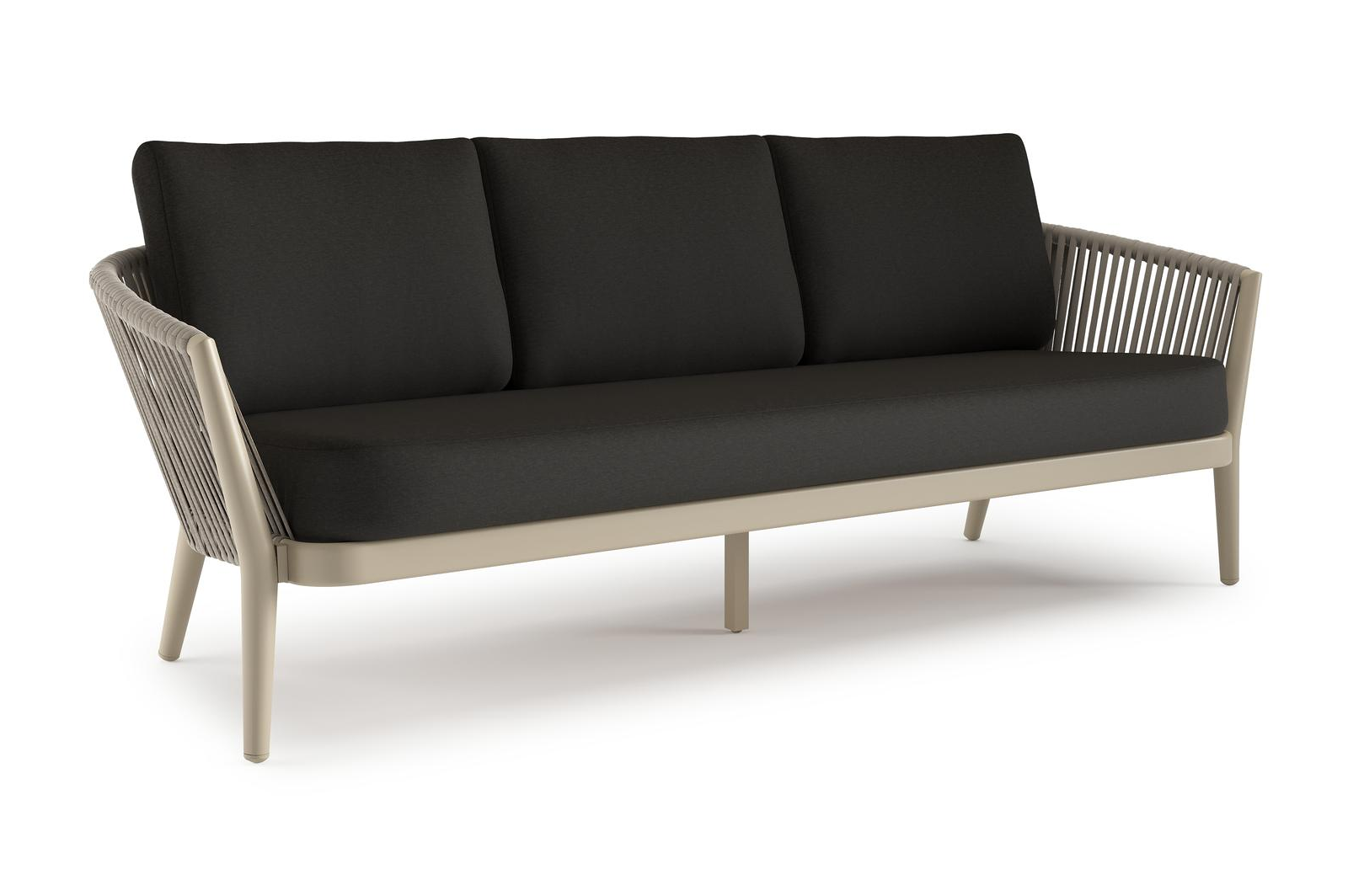 Canapé de jardin Orso en aluminium beige en corde luxe plate tissée verticalement beige et coussins en all weather sunbrella® luxe Heritage char