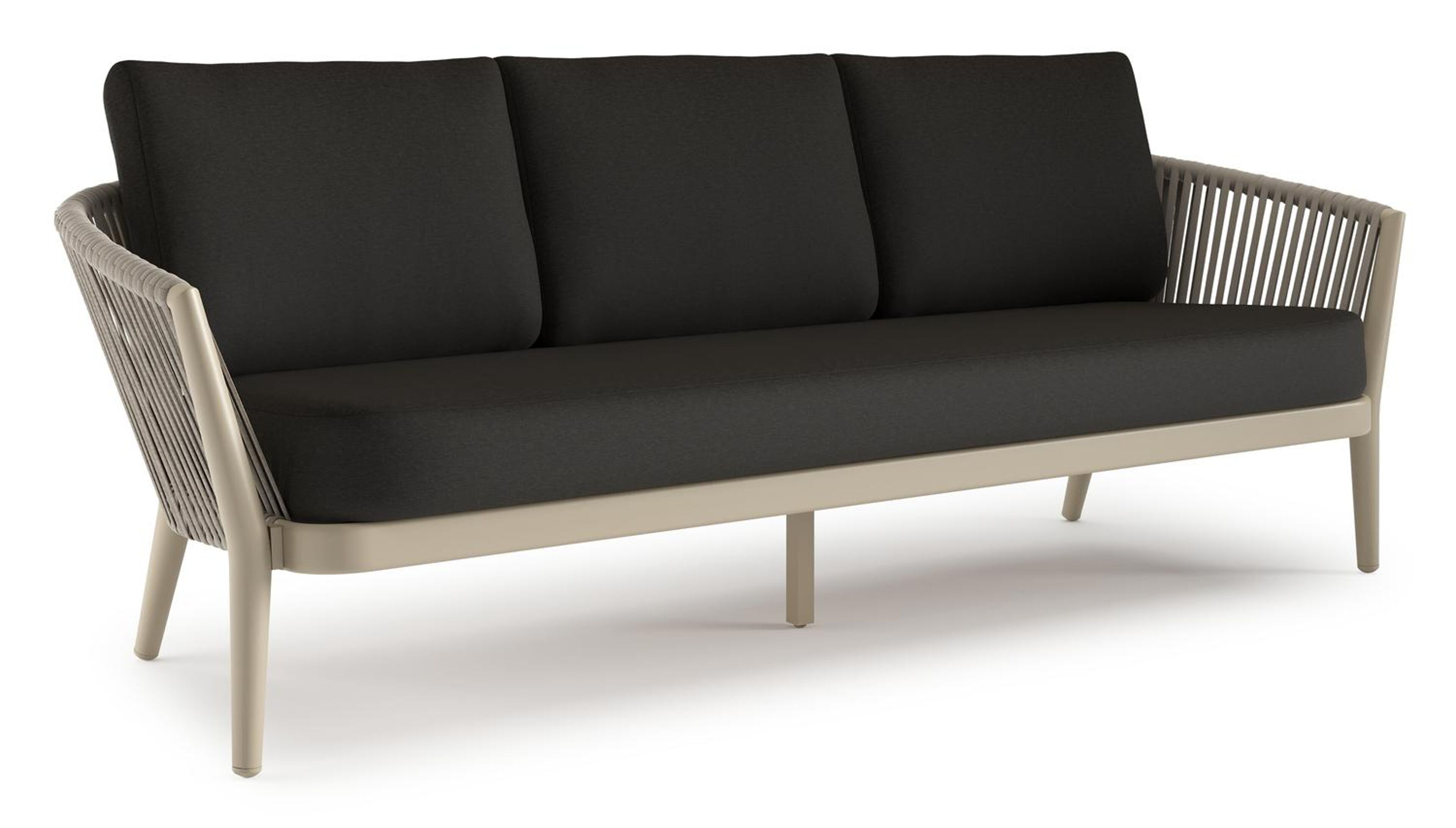 Canapé de jardin Orso en aluminium beige en corde luxe plate tissée verticalement beige et coussins en all weather sunbrella® luxe Heritage char