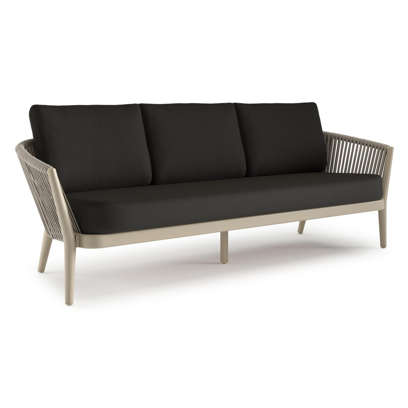 Orso loungebank in beige aluminium en beige verticaal geweven ronde rope met Heritage Char all weather sunbrella® luxe kussen