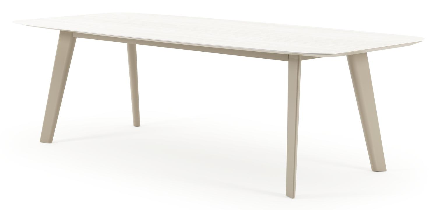 Table de jardin Lacirma forme de bateau en aluminium beige et céramique pleine Calista Lg. 255 x Lrg. 115 x Haut. 74 cm