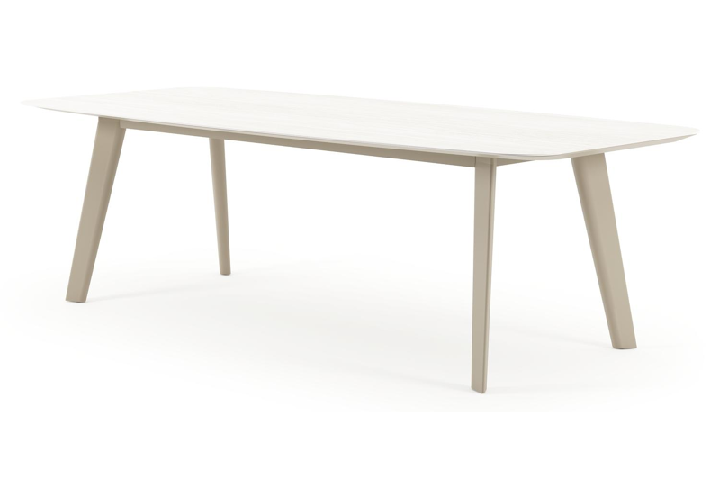 Table de jardin Lacirma forme de bateau en aluminium beige et céramique pleine Calista Lg. 255 x Lrg. 115 x Haut. 74 cm
