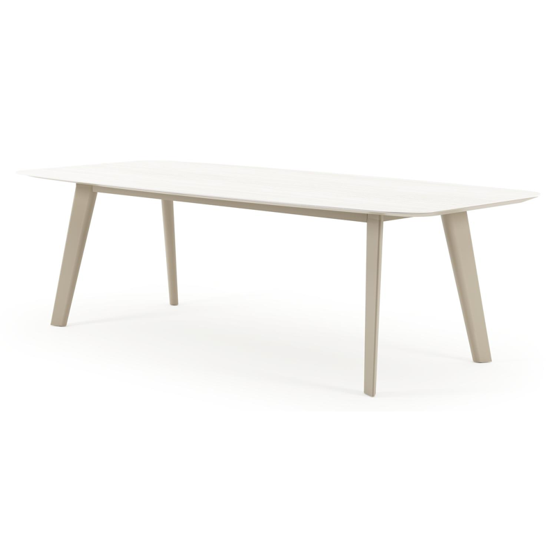 Table de jardin Lacirma forme de bateau en aluminium beige et céramique pleine Calista Lg. 255 x Lrg. 115 x Haut. 74 cm