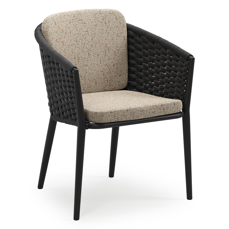 Orso stapelbare tuinstoel in zwart aluminium en zwart horizontaal geweven ronde rope met stoelkussen in All Weather Cosytica Bora Jungle