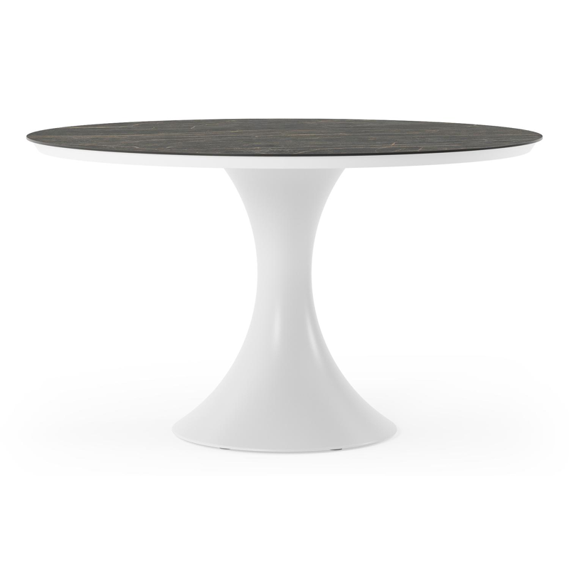Table de jardin Fano ronde en aluminium blanc et céramique pleine Black Obsession - Diam. 130 x Haut. 75 cm