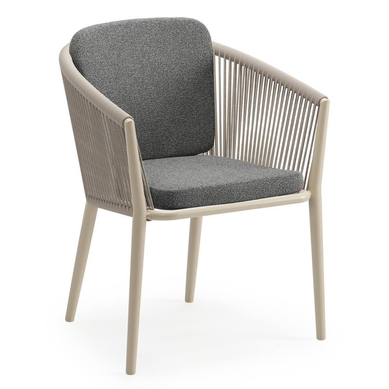 Orso tuinstoel in beige aluminium en beige verticaal geweven ronde rope met zitkussen in All Weather Cosytica Catania Black