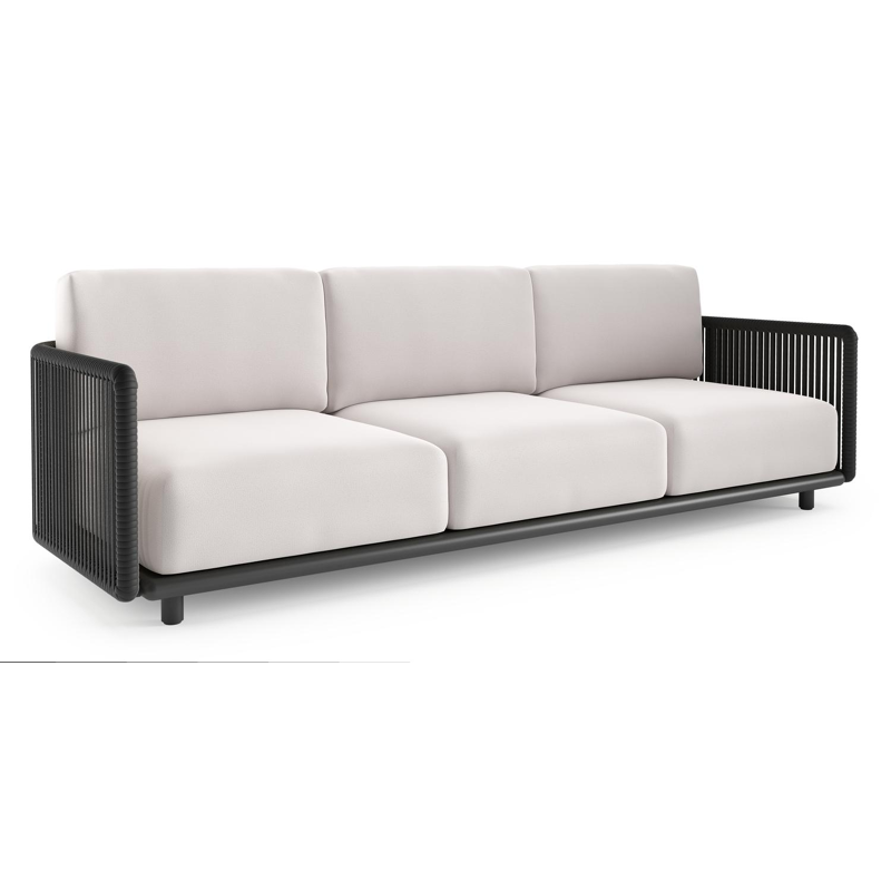 Organo loungebank in zwart aluminium en zwart verticaal geweven luxe vlakke rope met savane whisper all weather Sunbrella® luxe kussen