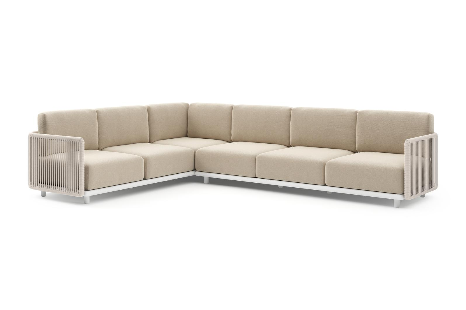 Salon de jardin d'angle Organo en aluminium blanc et corde luxe plate tissée verticalement beige et coussin en all weather Cosytica althea chalk