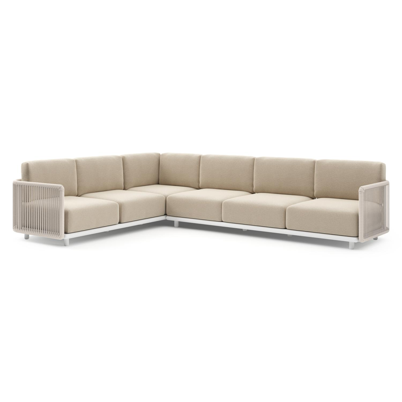 Organo loungehoek in wit aluminium en beige verticaal geweven luxe vlakke rope met althea chalk all weather Cosytica kussen