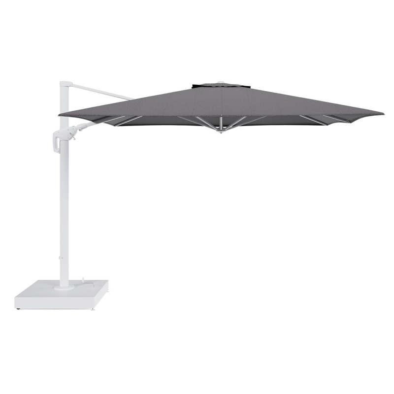 Minore zweefparasol met tiltfunctie in wit aluminium en Firenze Tunder All Weather Solica parasoldoek - L1 350 x L2: 350 cm met parasolvoet Minore 260 kg met wielen