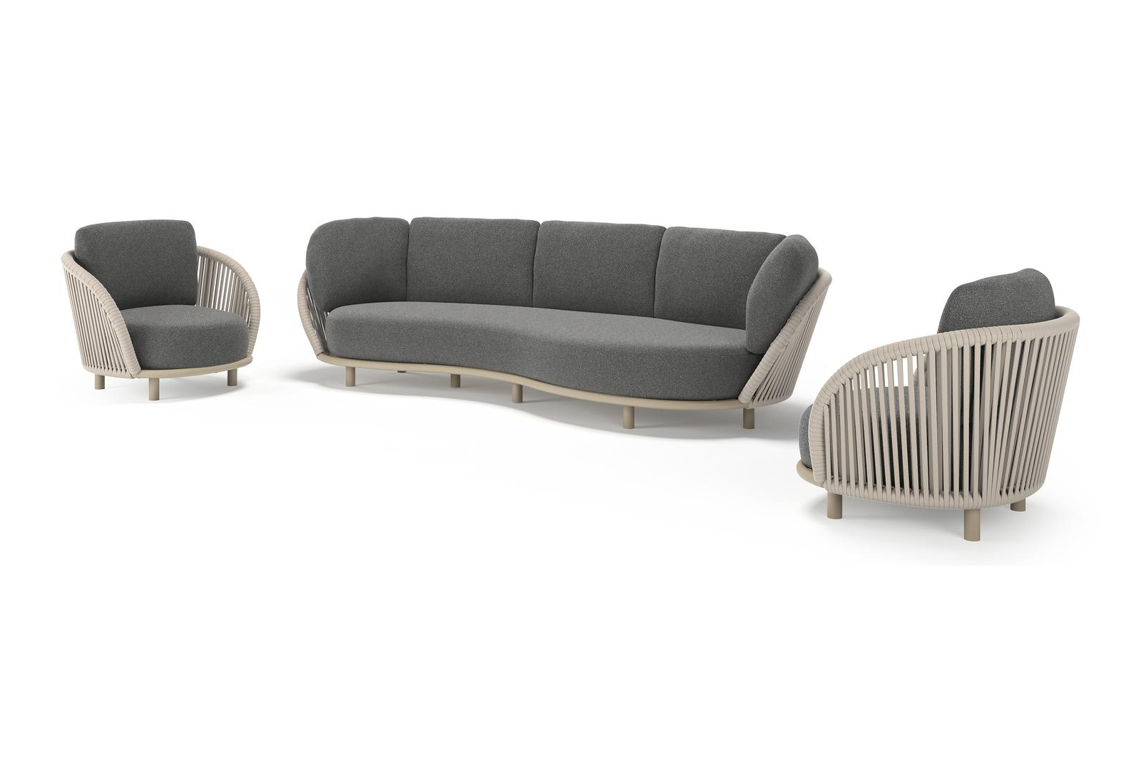 Lupino loungeset in beige aluminium en beige verticaal geweven luxe vlakke brede rope met catania black all weather cosytica kussen