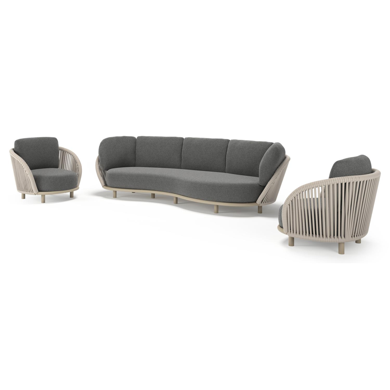 Lupino loungeset in beige aluminium en beige verticaal geweven luxe vlakke brede rope met catania black all weather cosytica kussen