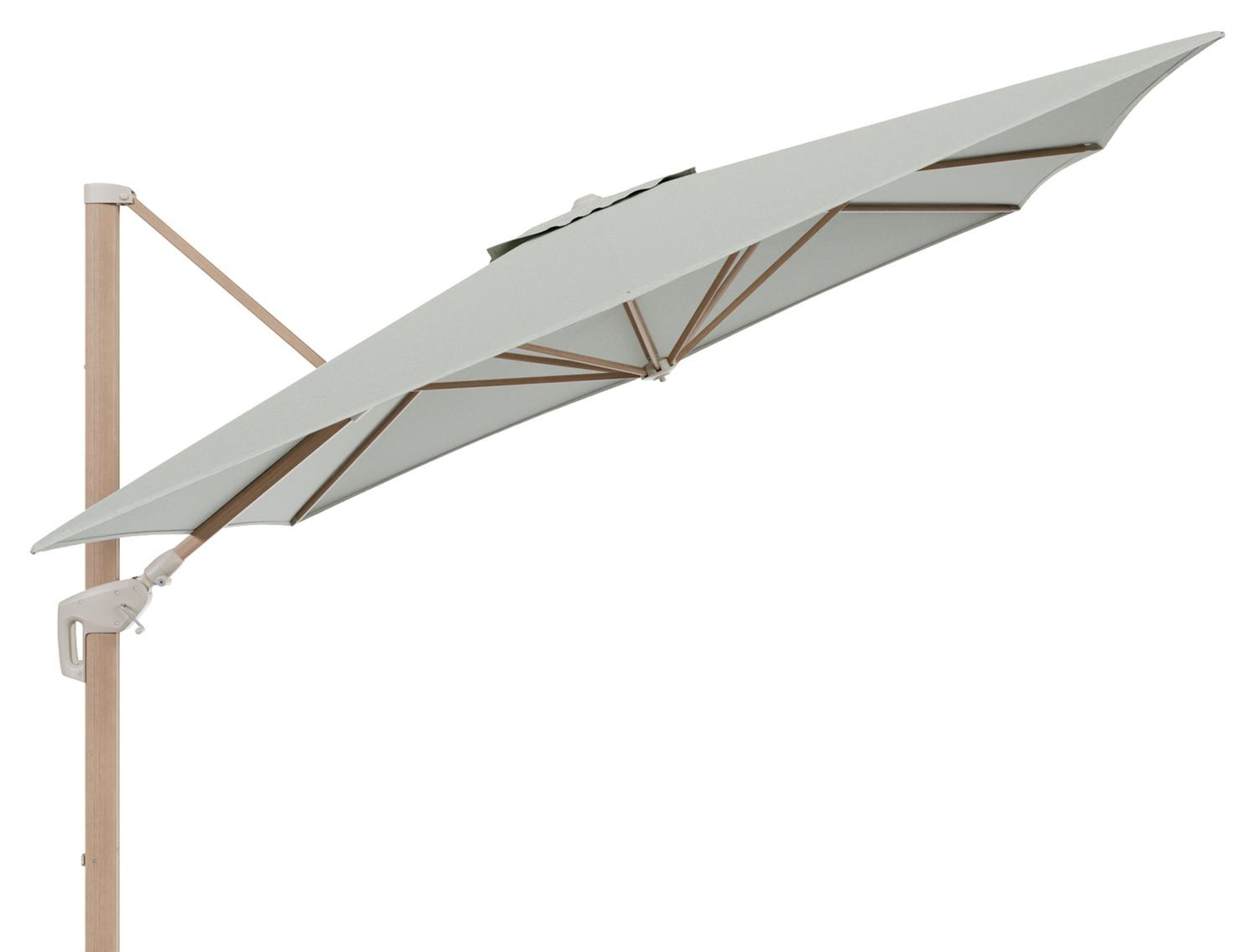 Minore zweefparasol met tiltfunctie in houtlook aluminium en Slow Spirea All Weather Sunbrella® Luxe parasoldoek - L1 350 x L2 350 cm (zonder voet) (zonder voet)