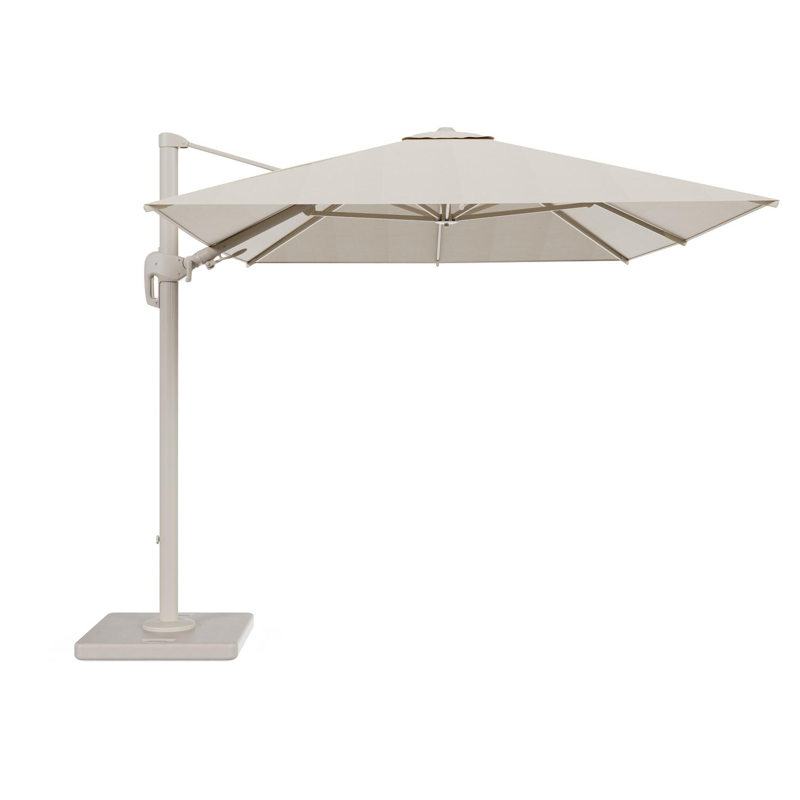 Rufina zweefparasol tiltfunctie in beige aluminium en parasoldoek in All Weather Sunbrella® Premium Beige - L1 350 x L2 250 cm met parasolvoet Lapido 120 kg