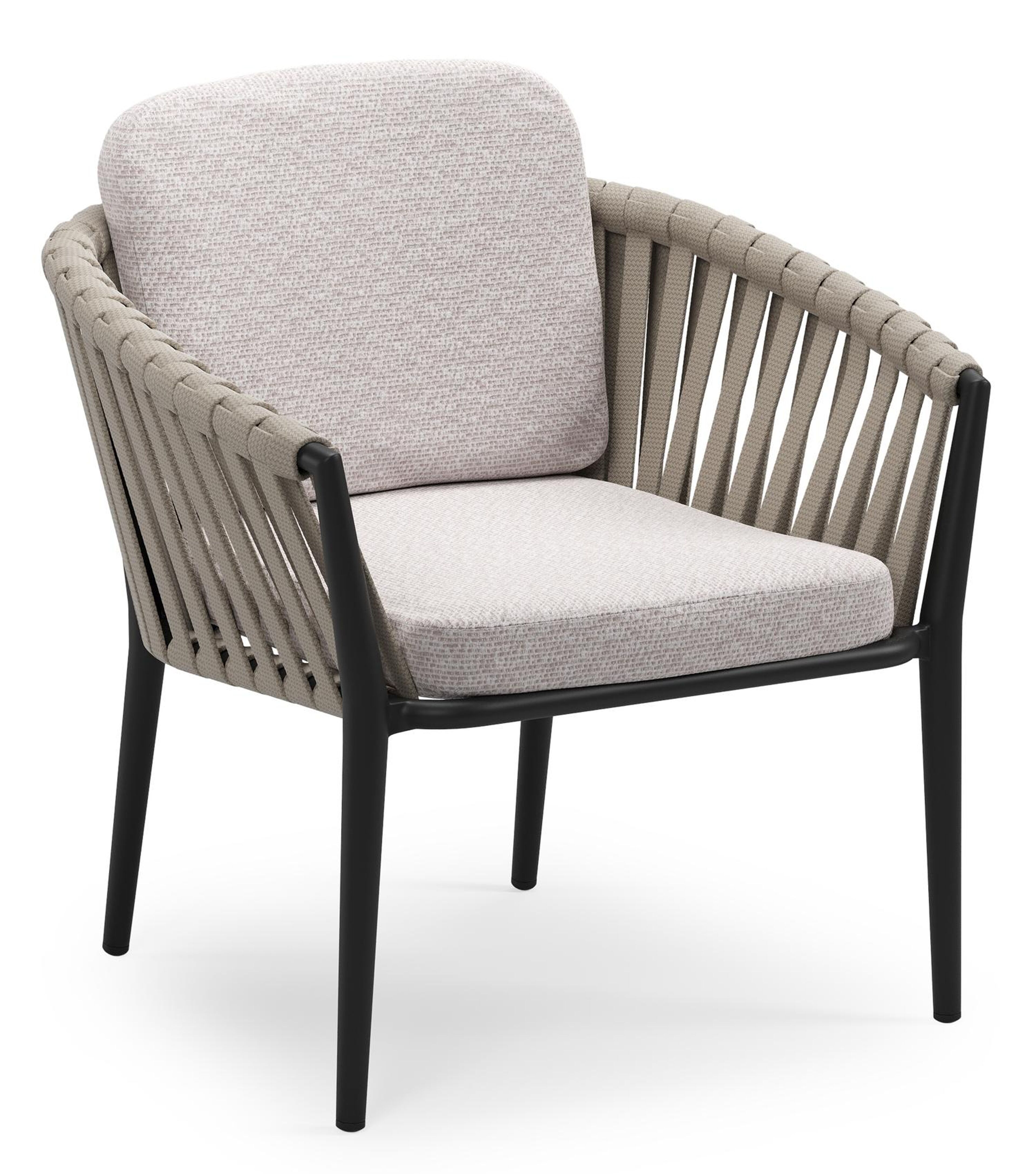 Orso low dining tuinstoel in zwart aluminium en beige verticaal geweven luxe vlakke brede rope met stoelkussen in All Weather Sunbrella® Luxe Wander Gobi