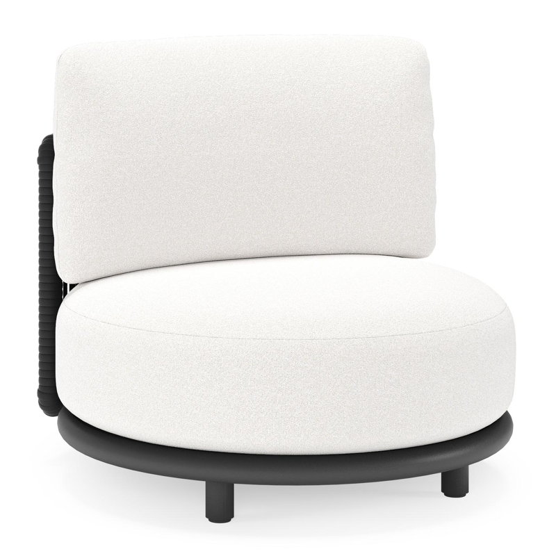 Fauteuil de jardin Lomano en aluminium noir et corde luxe plate tissée verticalement beige et coussins en all weather solica soul optik