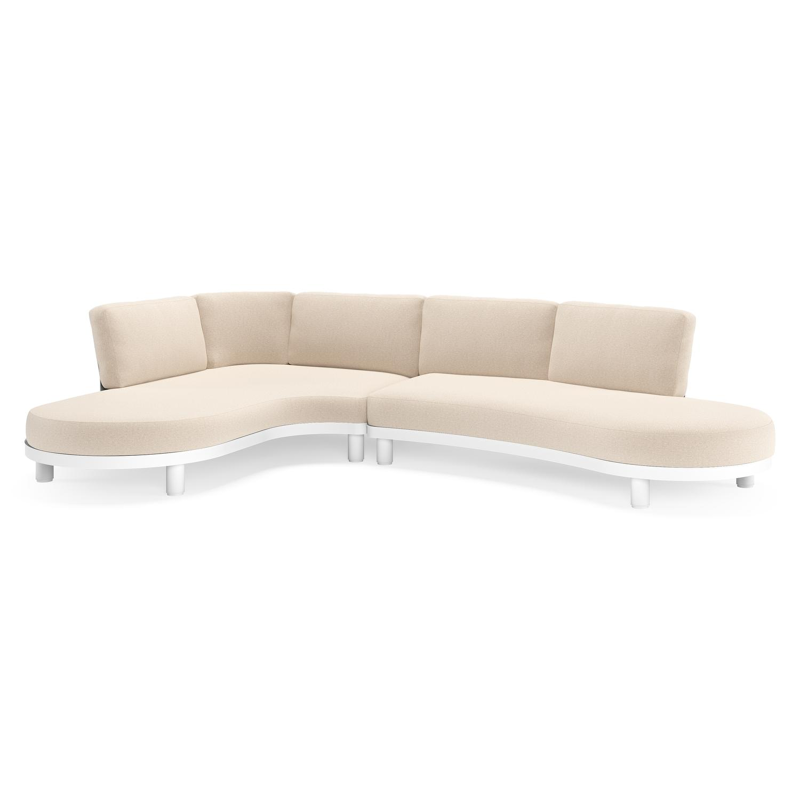 Salon de jardin d'angle Donato en aluminium blanc et coussins en all weather sunbrella® luxe Heritage Ash