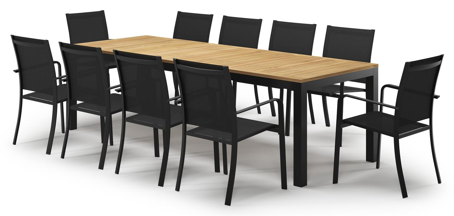 Varese tuinset in zwart aluminium en naturel teak tafelblad met 10 stapelbare Calobra tuinstoelen