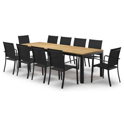 Ensemble de jardin Varese en aluminium noir avec plateau de table en teck naturel et 10 chaises de jardin empilables Calobra