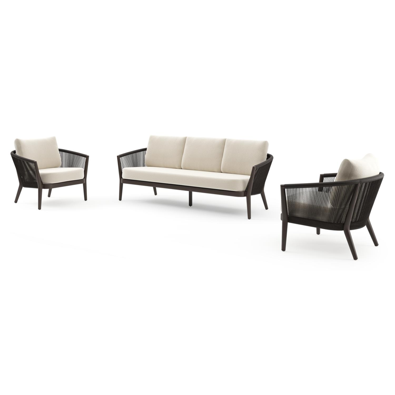 Orso loungeset in donkerbruin aluminium en donkerbruin verticaal geweven ronde rope met Althea Off White all weather cosytica kussen