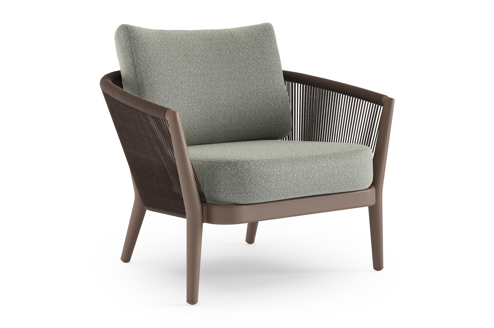 Orso loungestoel in taupe aluminiumen zwart verticaal geweven ronde rope met Savane Leaf all weather sunbrella® luxe kussen