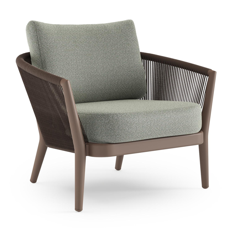 Orso loungestoel in taupe aluminiumen zwart verticaal geweven ronde rope met Savane Leaf all weather sunbrella® luxe kussen