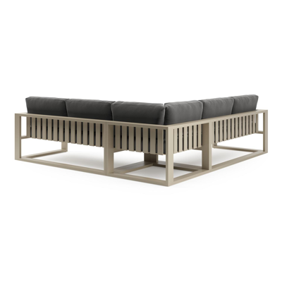 Verato loungehoek in beige aluminium met natte charcoal chine all weather sunbrella® luxe kussen