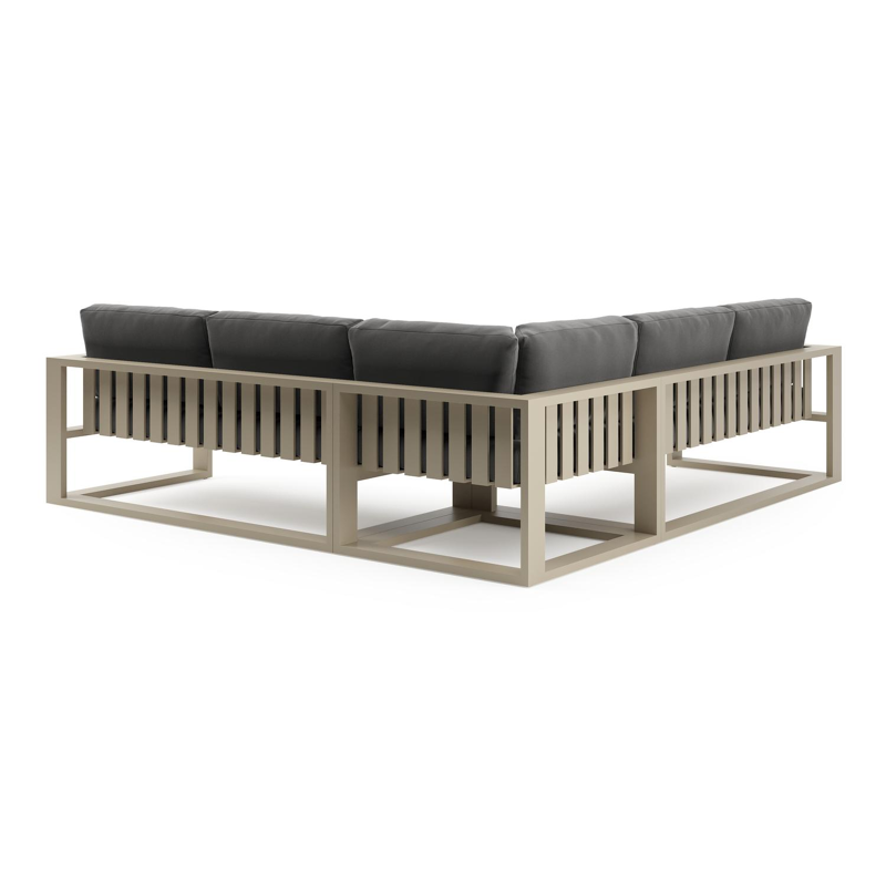 Verato loungehoek in beige aluminium met natte charcoal chine all weather sunbrella® luxe kussen