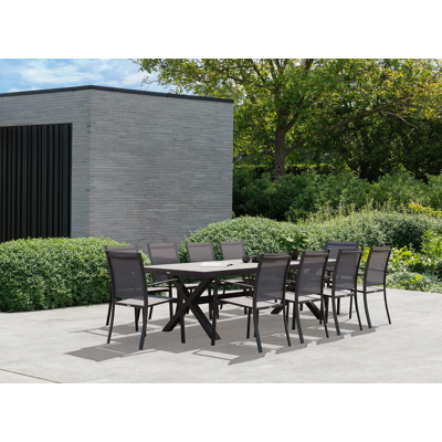 Reza tuinset in zwart aluminium en grijs volkeramiek tafelblad met 10 stapelbare Calobra tuinstoelen
