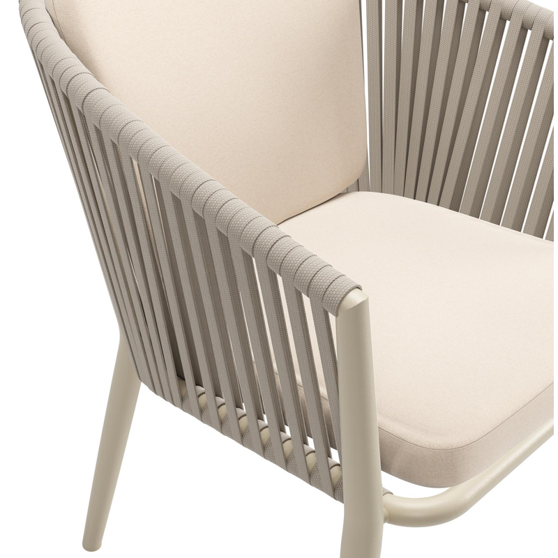 Chaise de jardin Orso en aluminium beige et corde plate tissée verticalement beige avec coussin en All Weather Sunbrella® Luxe Natte Linen Chalk