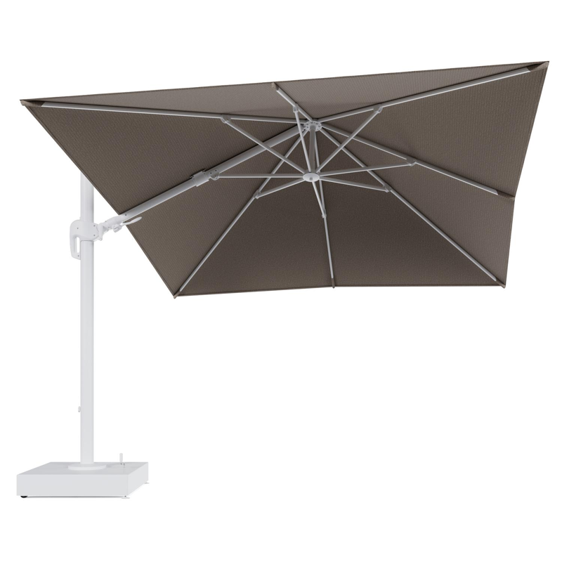 Rufina zweefparasol met tiltfunctie in wit aluminium en Firenze Earth All Weather Solica parasoldoek - L1 300 x L2 300 cm met parasolvoet Minore 150 kg met wielen