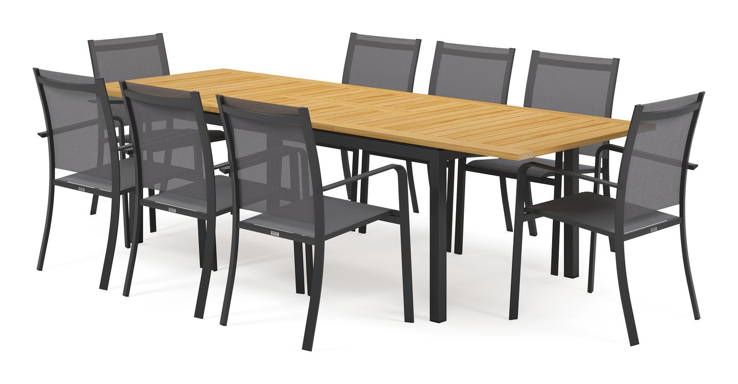 Amalfi tuinset met verlengbare tafel in zwart aluminium en teak tafelblad met 8 stapelbare Calobra tuinstoelen