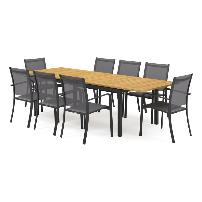 Amalfi tuinset met verlengbare tafel in zwart aluminium en teak tafelblad met 8 stapelbare Calobra tuinstoelen