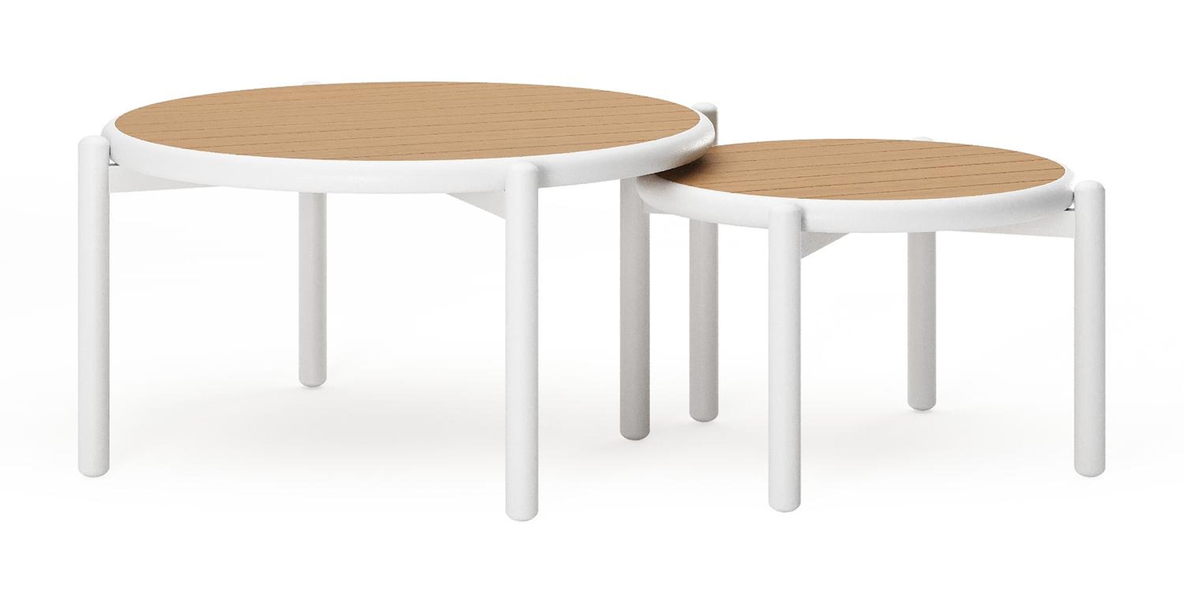Tables basses Pulo en blanc aluminium et polywood - Diam. 70 - 50 x Haut. 37.5 - Table 1 : Dia. 70 x Haut. 38 cm / Table 2 : Dia. 50 x Haut. 33 cm