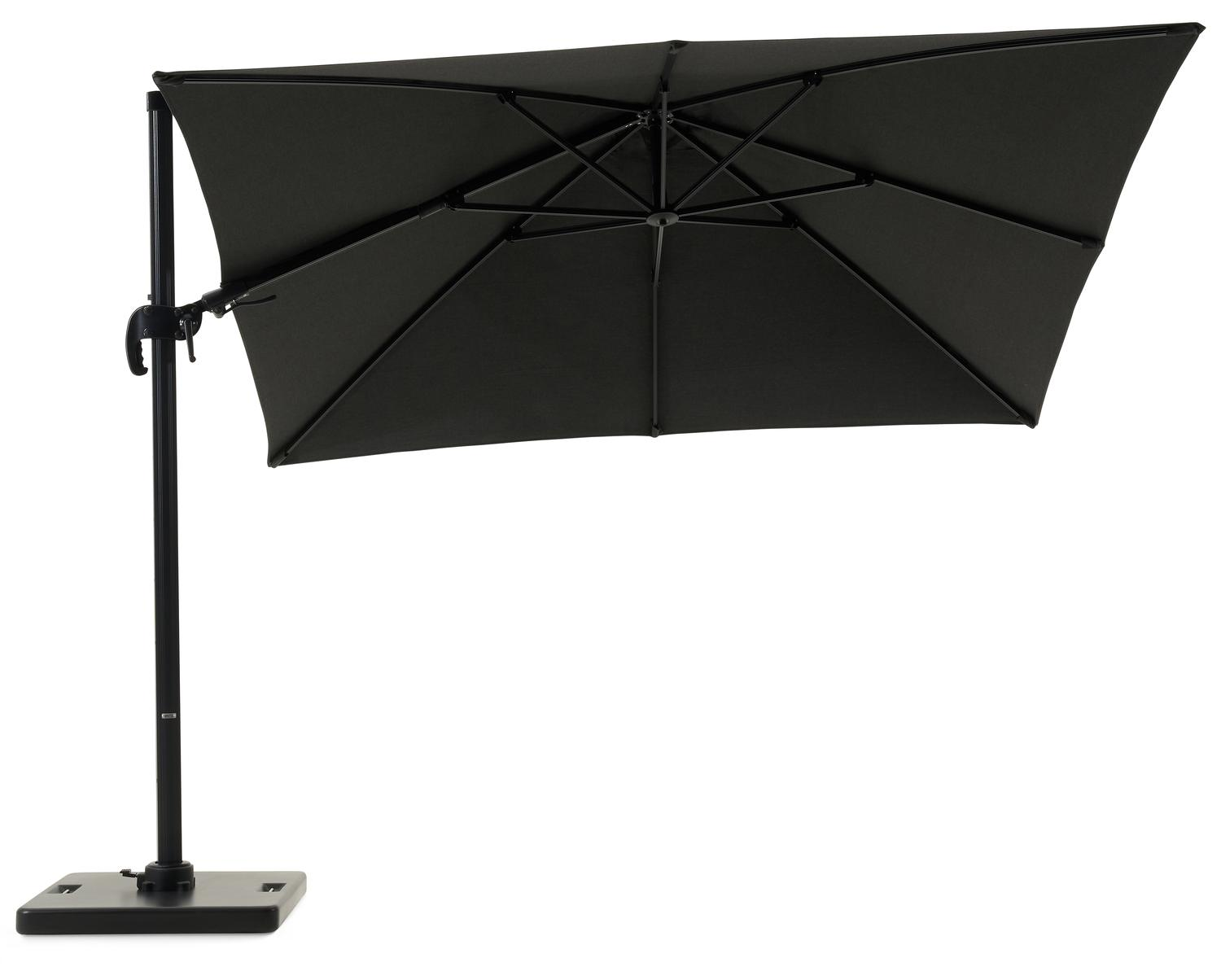 Avola zweefparasol met tiltfunctie in zwart aluminium en Natte Sooty Sunbrella® Premium parasoldoek - L1 300 x L2 300 cm met Pedito parasolvoet 120 kg