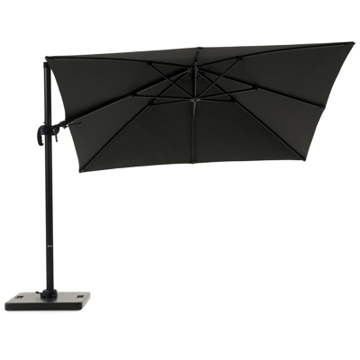 Avola zweefparasol met tiltfunctie in zwart aluminium en Natte Sooty Sunbrella® Premium parasoldoek - L1 300 x L2 300 cm met Pedito parasolvoet 120 kg
