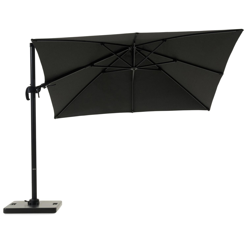 Avola zweefparasol met tiltfunctie in zwart aluminium en Natte Sooty Sunbrella® Premium parasoldoek - L1 300 x L2 300 cm met Pedito parasolvoet 120 kg
