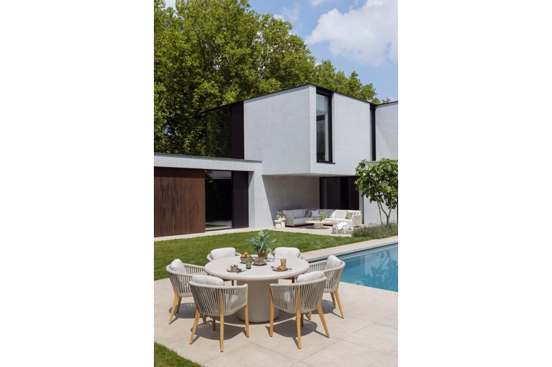 Orso tuinstoel in teak en beige verticaal geweven luxe vlakke rope