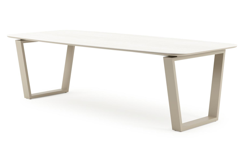 Table de jardin Pagino forme de bateau en aluminium beige et céramique pleine Calista Lg. 255 x Lrg. 115 x Haut. 73 cm