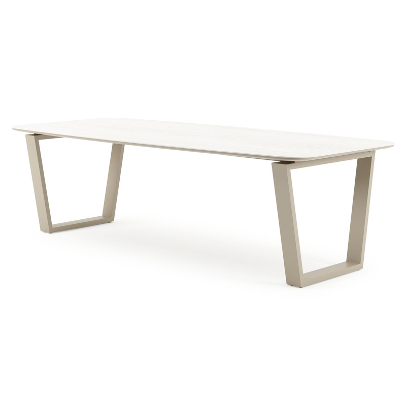 Table de jardin Pagino forme de bateau en aluminium beige et céramique pleine Calista Lg. 255 x Lrg. 115 x Haut. 73 cm