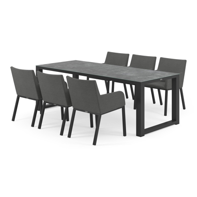 Ensemble de jardin Livo en aluminium noir avec plateau de table en céramique verre gris et 6 chaises de jardin Rivo